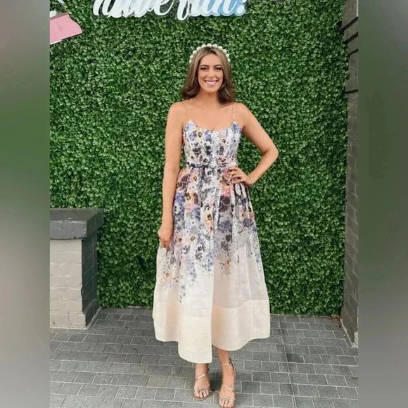 Zimmermann Tama Corset Linen Silk Midi Dress 1 US6 Floral Pansy Waist Tie Belted - Picture 12 of 16